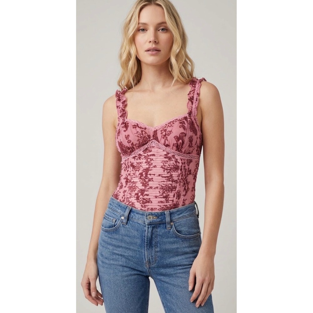 Free People Intimately Floral Bodysuit Hot Pink Ruffle Lace Pintuck Size XL NEW